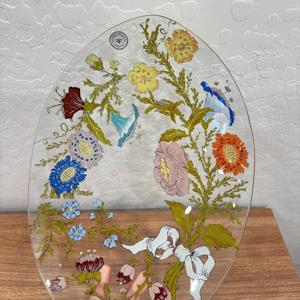 Vintage Dorothy Thorpe Hand-Painted Floral Glass Accent Bowl Platter
